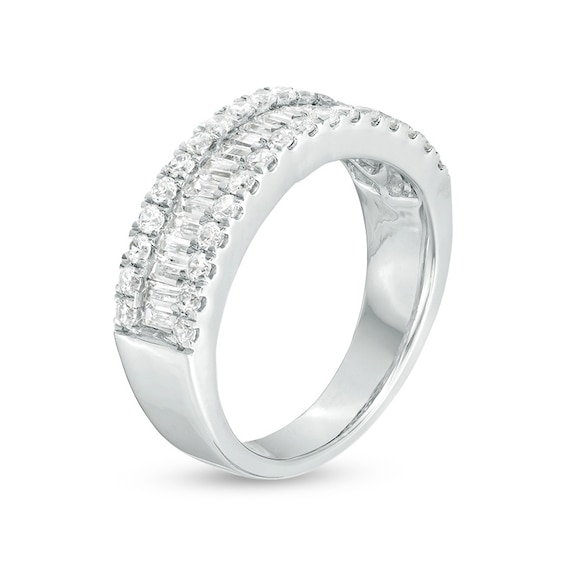 Previously Owned - 1 CT. T.w. Baguette and Round Diamond Triple-Row Ring in 10K White Gold