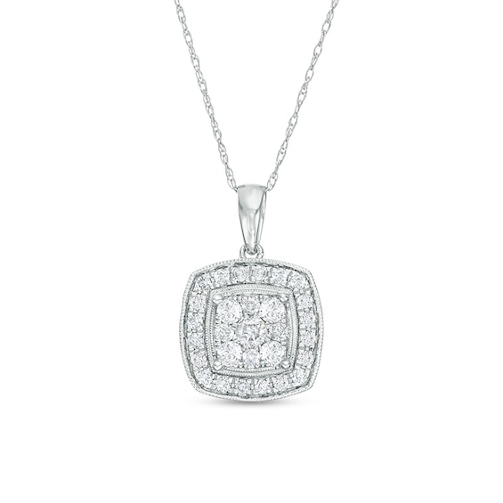 Previously Owned - 1/2 CT. T.w. Composite Diamond Cushion Frame Vintage-Style Pendant in 10K White Gold