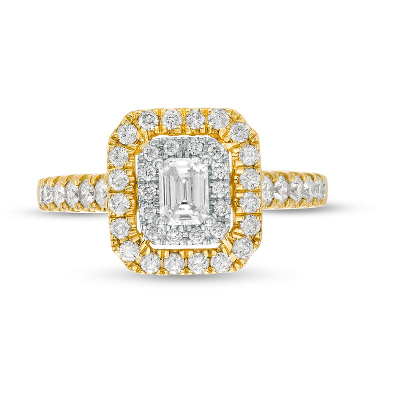 Main Image 4 of Previously Owned - 1 CT. T.W. Emerald-Cut Diamond Double Frame Engagement Ring in 14K Gold