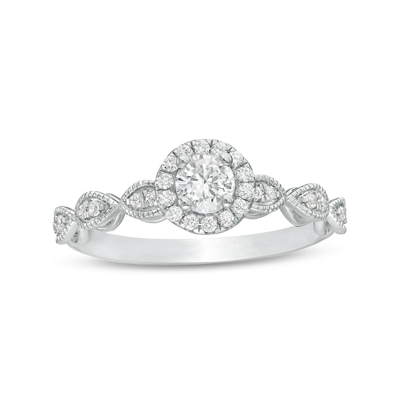 Main Image 1 of Previously Owned - 1/2 CT. T.W. Diamond Frame Vintage-Style Engagement Ring in 14K White Gold