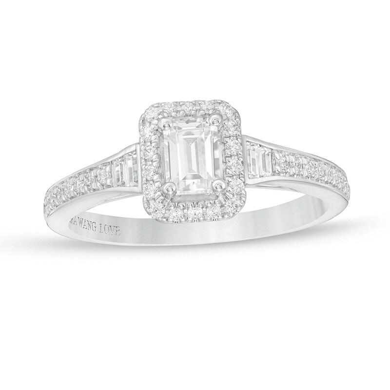 Main Image 1 of Previously Owned - Vera Wang Love Collection 3/4 CT. T.W. Emerald-Cut Diamond Frame Engagement Ring in 14K White Gold