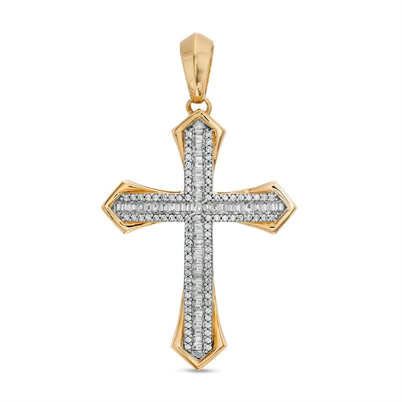Previously Owned - Men's 1 CT. T.w. Baguette and Round Diamond Gothic-Style Cross Necklace Charm in 10K Gold