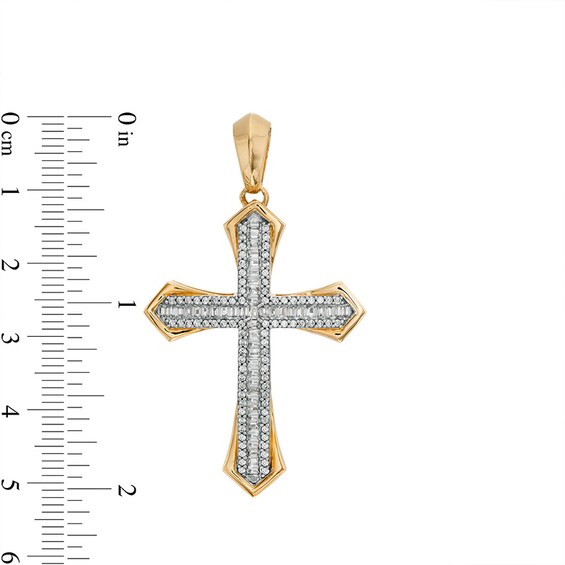 Previously Owned - Men's 1 CT. T.w. Baguette and Round Diamond Gothic-Style Cross Necklace Charm in 10K Gold
