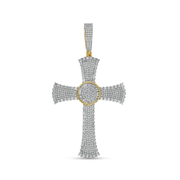 Previously Owned - 2 CT. T.W. Baguette and Round Diamond Circle center Flared Cross Necklace Charm in 10K Gold