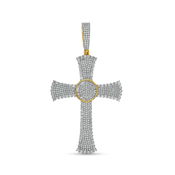 Previously Owned - Men's 2 CT. T.w. Baguette and Round Diamond Circle center Flared Cross Necklace Charm in 10K Gold