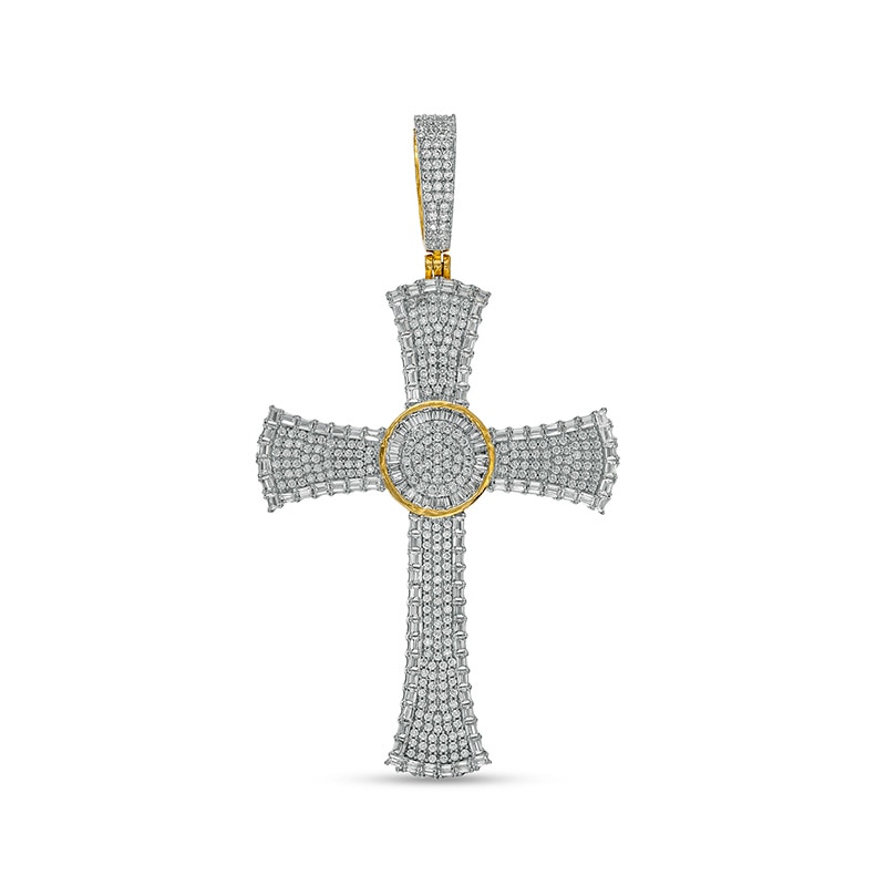 Main Image 1 of Previously Owned - Men's 2 CT. T.W. Baguette and Round Diamond Circle center Flared Cross Necklace Charm in 10K Gold