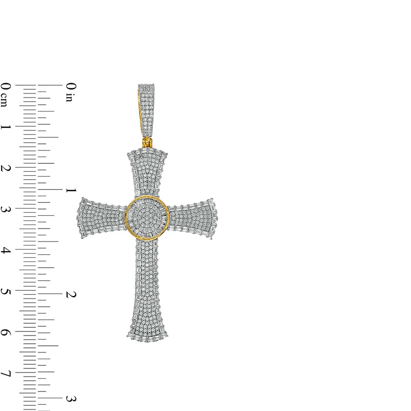 Main Image 2 of Previously Owned - Men's 2 CT. T.W. Baguette and Round Diamond Circle center Flared Cross Necklace Charm in 10K Gold