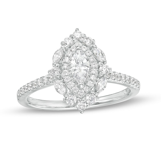 Previously Owned - 3/4 CT. T.w. Marquise Diamond Double Frame Engagement Ring in 14K White Gold (I/I1)