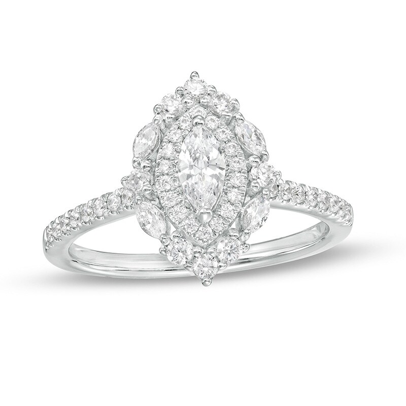 Main Image 1 of Previously Owned - 3/4 CT. T.W. Marquise Diamond Double Frame Engagement Ring in 14K White Gold (I/I1)