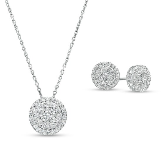 Previously Owned - 1 CT. T.w. Diamond Double Frame Pendant and Stud Earrings Set in Sterling Silver