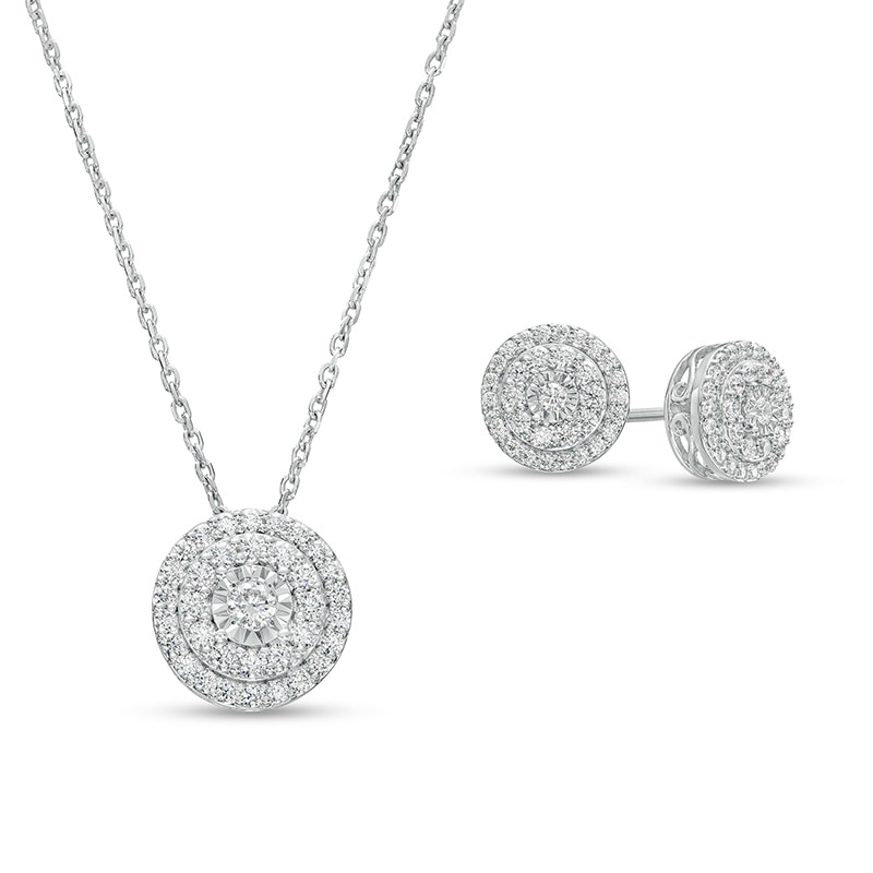 Main Image 1 of Previously Owned - 1 CT. T.W. Diamond Double Frame Pendant and Stud Earrings Set in Sterling Silver