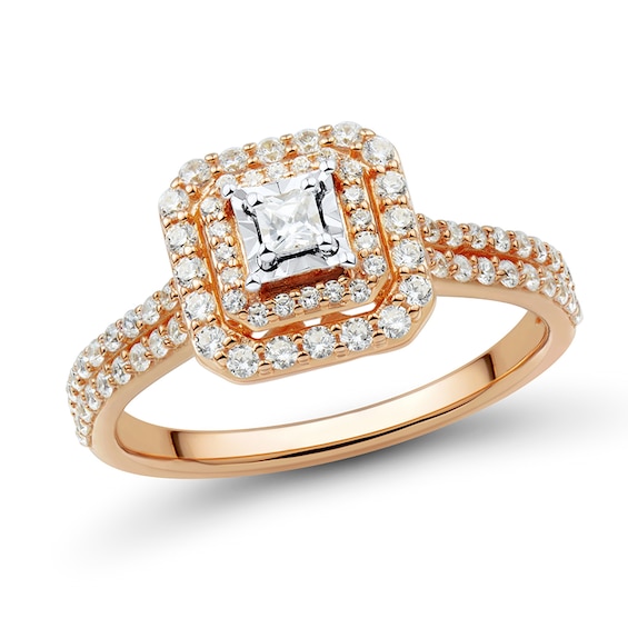Previously Owned - 1/2 CT. T.w. Princess-Cut Diamond Double Frame Split Shank Engagement Ring in 10K Rose Gold
