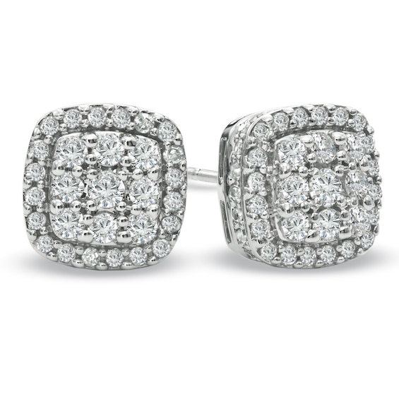 Previously Owned - 2 CT. T.w. Cushion-Shaped Multi-Diamond Stud Earrings in 10K White Gold