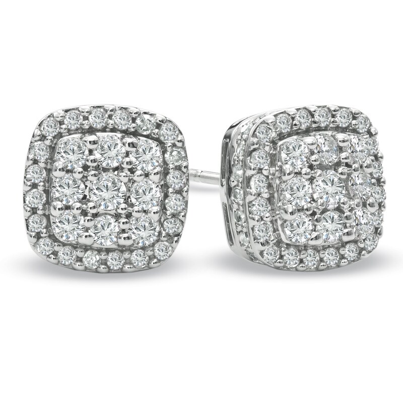 Main Image 1 of Previously Owned - 2 CT. T.W. Cushion-Shaped Multi-Diamond Stud Earrings in 10K White Gold
