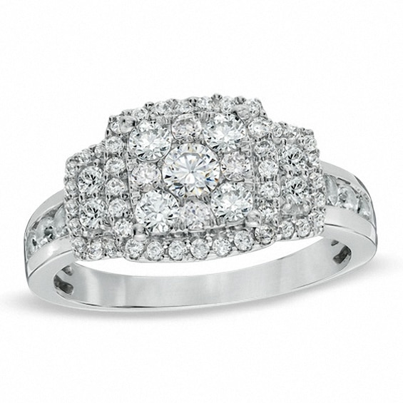 Previously Owned - 1 CT. T.w. Princess-Shaped Multi-Diamond Frame Engagement Ring in 14K White Gold