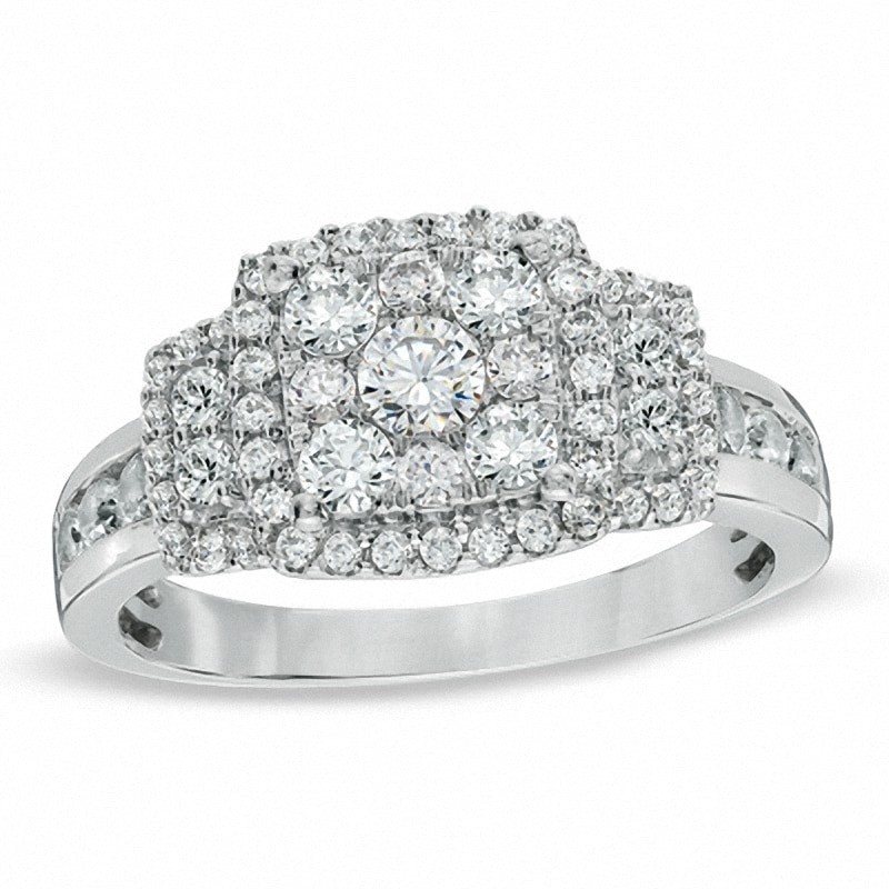 Main Image 1 of Previously Owned - 1 CT. T.W. Princess-Shaped Multi-Diamond Frame Engagement Ring in 14K White Gold