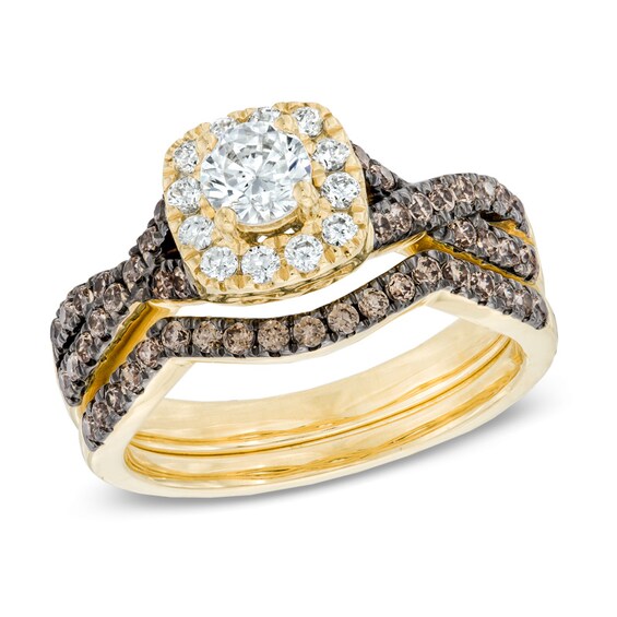 Previously Owned - 1 CT. T.w. Champagne and White Diamond Frame Twist Bridal Set in 14K Gold
