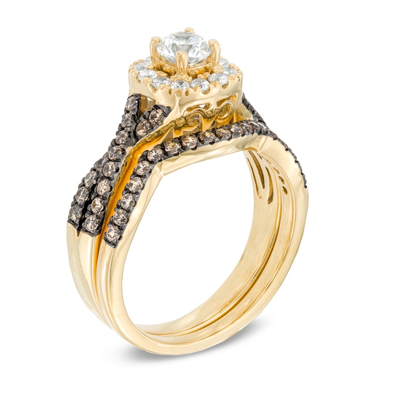Main Image 2 of Previously Owned - 1 CT. T.W. Champagne and White Diamond Frame Twist Bridal Set in 14K Gold