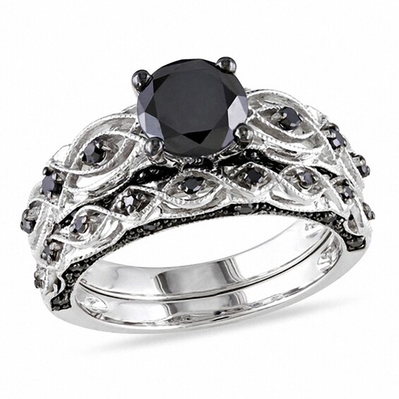 Previously Owned - 1-3/8 CT. T.w. Black Diamond Vintage-Style Bridal Set in 10K White Gold