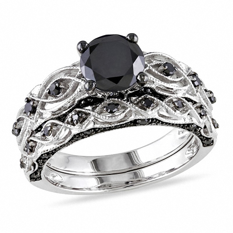 Main Image 1 of Previously Owned - 1-3/8 CT. T.W. Black Diamond Vintage-Style Bridal Set in 10K White Gold