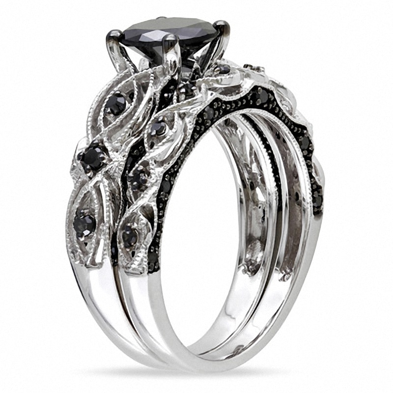 Main Image 2 of Previously Owned - 1-3/8 CT. T.W. Black Diamond Vintage-Style Bridal Set in 10K White Gold