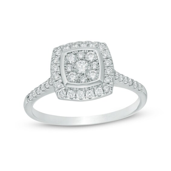 Previously Owned - 1/2 CT. T.w. Multi-Diamond Cushion Frame Engagement Ring in 10K White Gold