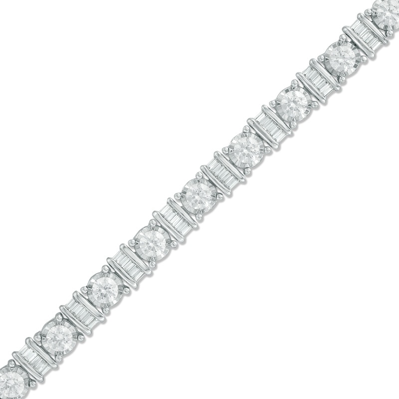Main Image 1 of Previously Owned - 3 CT. T.W. Baguette and Round Diamond Alternating Bracelet in 10K White Gold - 7.5"