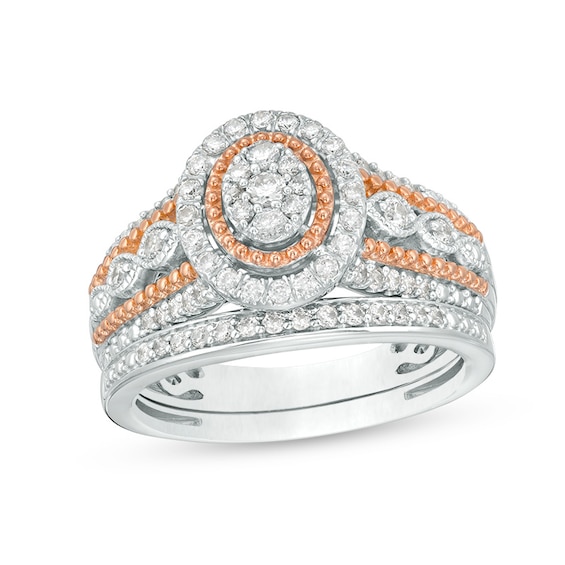 Previously Owned - 1/2 CT. T.w. Composite Diamond Frame Beaded Multi-Row Vintage-Style Bridal Set in 10K Two-Tone Gold