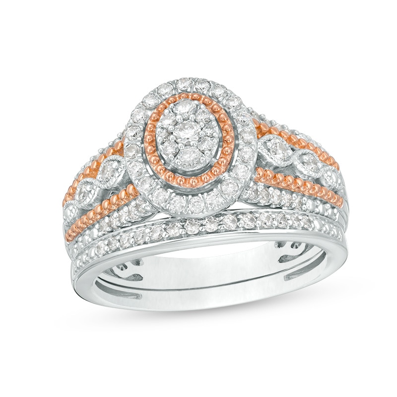 Main Image 1 of Previously Owned - 1/2 CT. T.W. Composite Diamond Frame Beaded Multi-Row Vintage-Style Bridal Set in 10K Two-Tone Gold