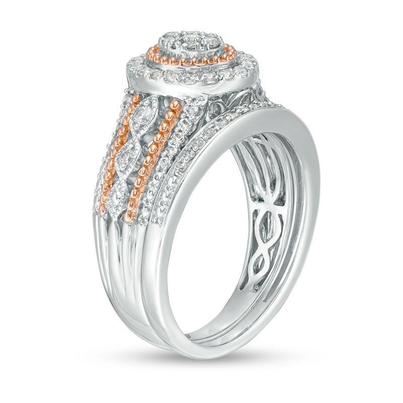 Main Image 2 of Previously Owned - 1/2 CT. T.W. Composite Diamond Frame Beaded Multi-Row Vintage-Style Bridal Set in 10K Two-Tone Gold