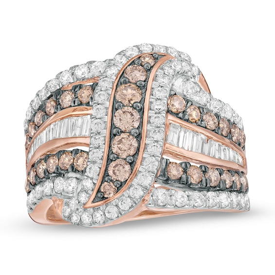 Previously Owned - 2 CT. T.w. Champagne and White Diamond Multi-Row Crossover Ring in 10K Rose Gold