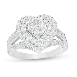Previously Owned - 1 CT. T.W. Heart-Shaped Multi-Diamond Double Frame Split Shank Ring in 10K White Gold