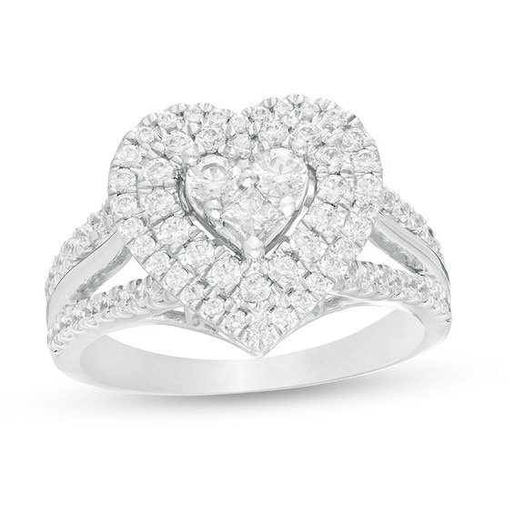 Previously Owned - 1 CT. T.w. Heart-Shaped Multi-Diamond Double Frame Split Shank Ring in 10K White Gold