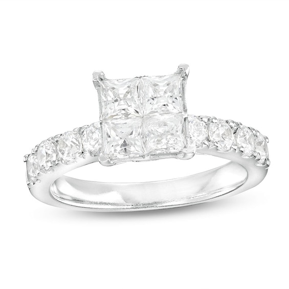 Previously Owned - 2 CT. T.w. Quad Princess-Cut Diamond Engagement Ring in 14K White Gold