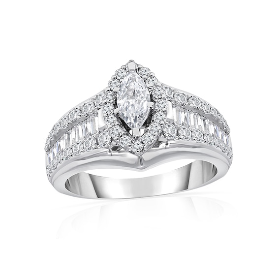 Previously Owned - 2 CT. T.w. Marquise Diamond Frame Multi-Row Engagement Ring in 14K White Gold
