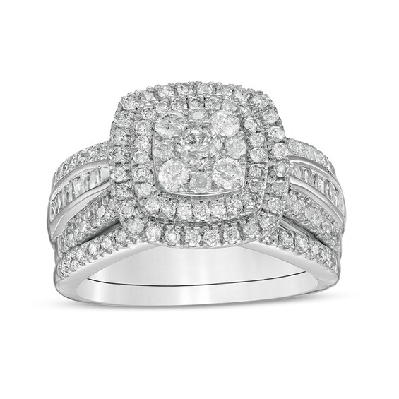 Previously Owned - 1-1/4 CT. T.w. Cushion Multi-Diamond Double Frame Bridal Set in 10K White Gold