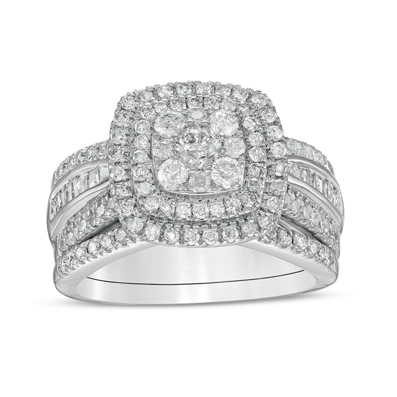 Main Image 1 of Previously Owned - 1-1/4 CT. T.W. Cushion Multi-Diamond Double Frame Bridal Set in 10K White Gold