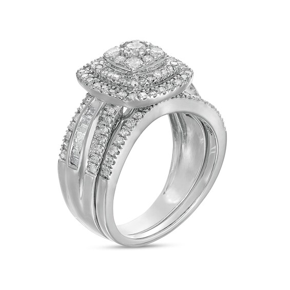 Previously Owned - 1-1/4 CT. T.w. Cushion Multi-Diamond Double Frame Bridal Set in 10K White Gold