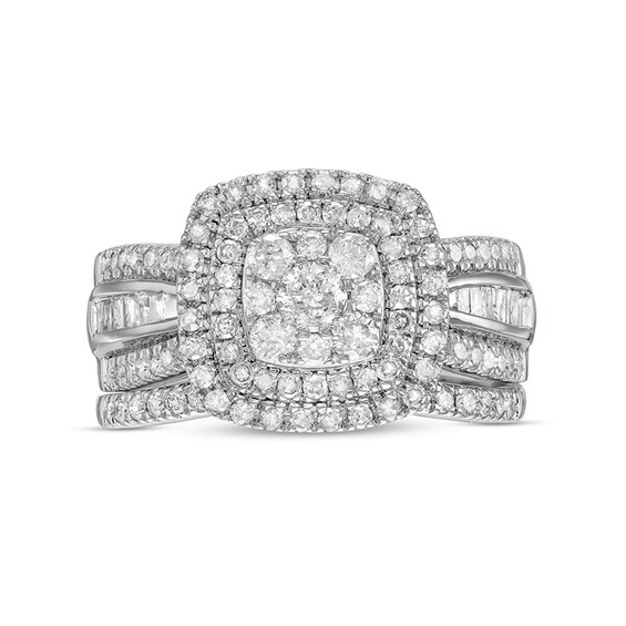 Previously Owned - 1-1/4 CT. T.w. Cushion Multi-Diamond Double Frame Bridal Set in 10K White Gold