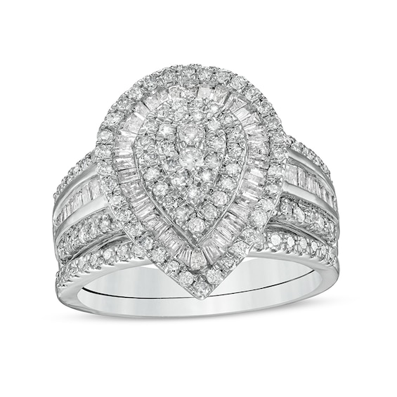Previously Owned - 1-1/4 CT. T.w. Baguette and Round Multi-Diamond Pear-Shaped Frame Bridal Set in 10K White Gold