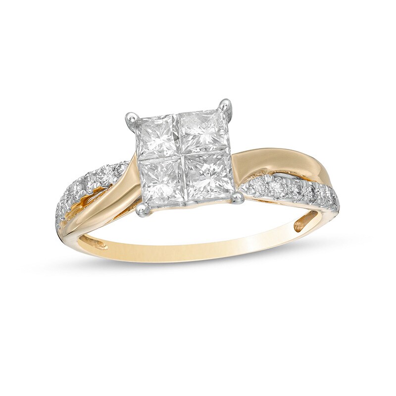 Main Image 1 of Previously Owned - 1 CT. T.W. Princess-Cut Quad Diamond Twist Shank Engagement Ring in 14K Gold