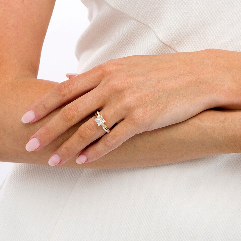 Main Image 2 of Previously Owned - 1 CT. T.W. Princess-Cut Quad Diamond Twist Shank Engagement Ring in 14K Gold