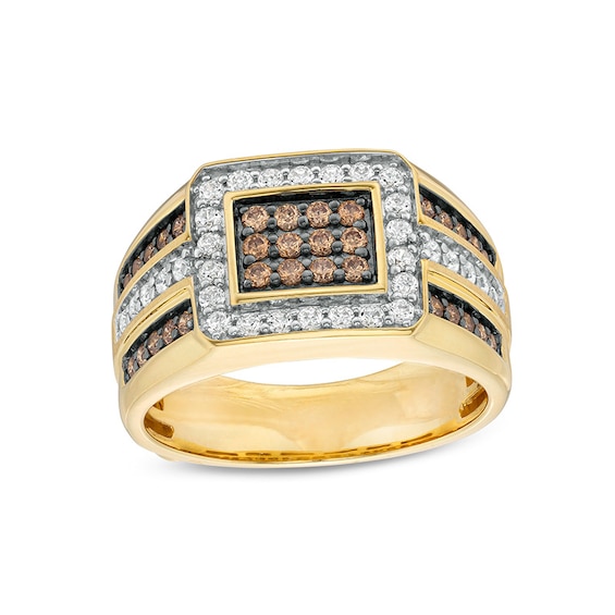 Previously Owned - 1 CT. T.w. Champagne and White Rectangular Composite Diamond Frame Triple Row Ring in 10K Gold