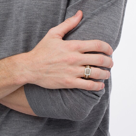 Previously Owned - 1 CT. T.w. Champagne and White Rectangular Composite Diamond Frame Triple Row Ring in 10K Gold