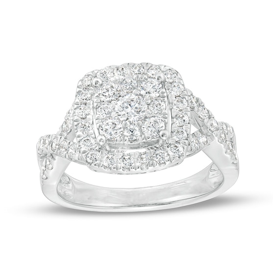 Previously Owned - 1 CT. T.w. Cushion-Shaped Multi-Diamond Frame Twist Shank Ring in 10K White Gold