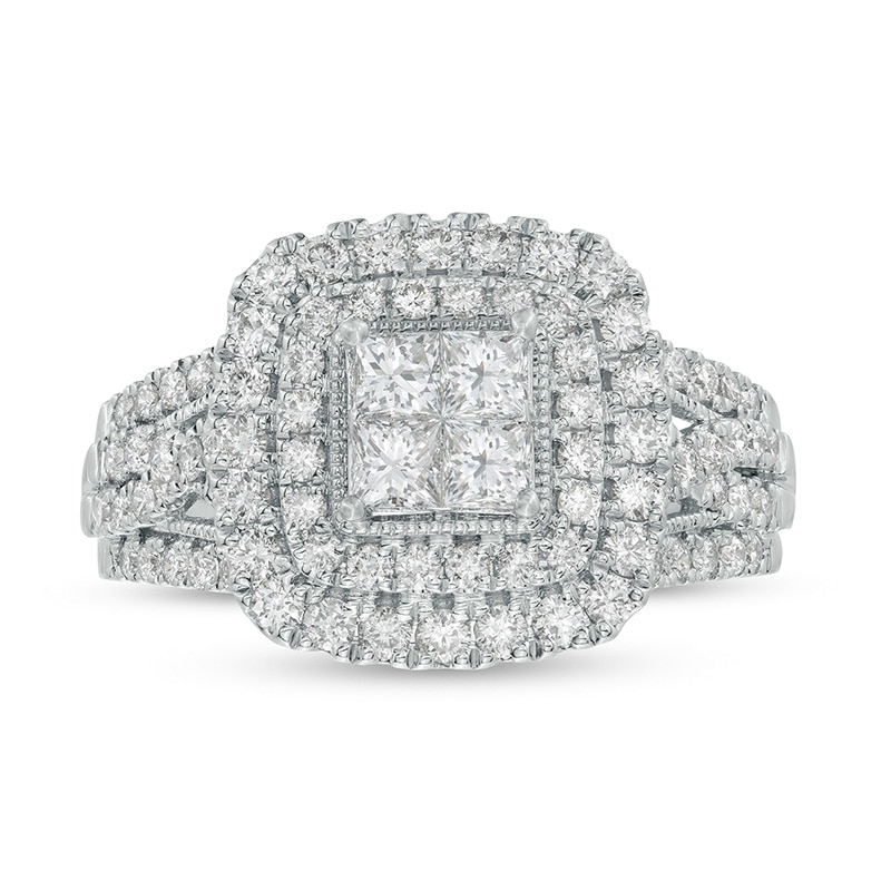 Main Image 1 of Previously Owned - 1-1/4 CT. T.W.  Quad Princess-Cut Lab-Grown Diamond Double Frame Engagement Ring in 10K White Gold