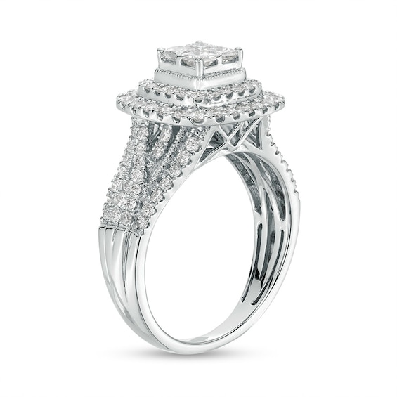 Previously Owned - 1-1/4 CT. T.w. Quad Princess-Cut Lab-Grown Diamond Double Frame Engagement Ring in 10K White Gold