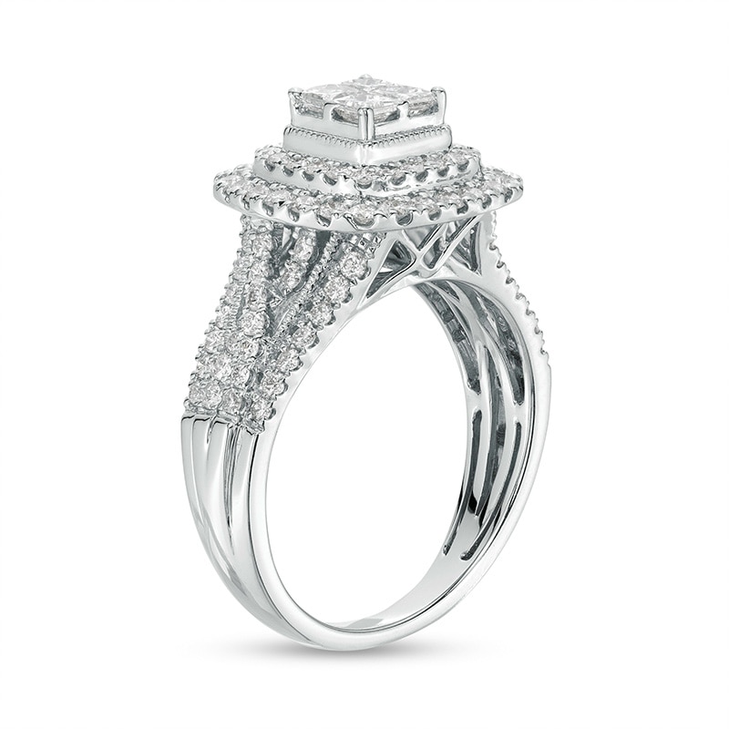 Main Image 3 of Previously Owned - 1-1/4 CT. T.W.  Quad Princess-Cut Lab-Grown Diamond Double Frame Engagement Ring in 10K White Gold