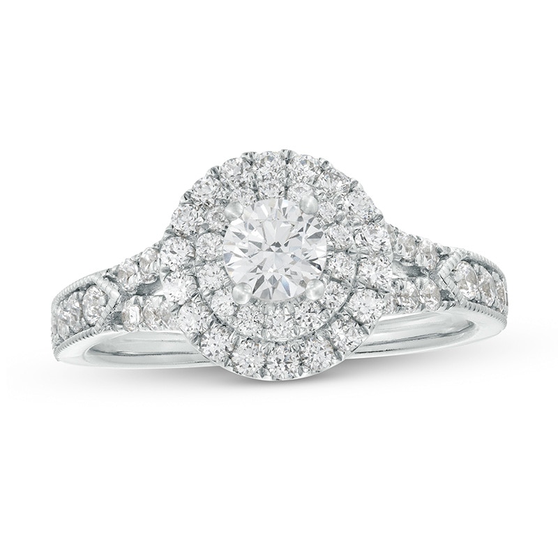 Main Image 1 of Previously Owned - 1 CT. T.W. Lab-Grown Diamond Double Frame Vintage-Style Engagement Ring in 10K White Gold (F/SI2)