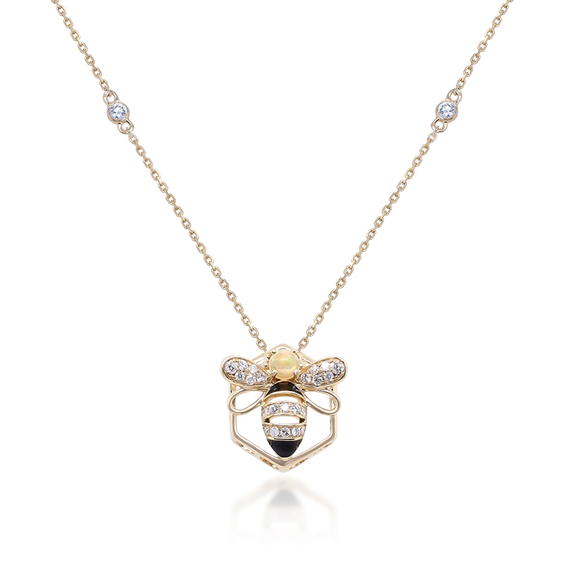 Main Image 1 of Previously Owned - 3.5mm Opal and 1/5 CT. T.W. Diamond Black Enamel Bee and Honeycomb Outline Pendant in 10K Gold